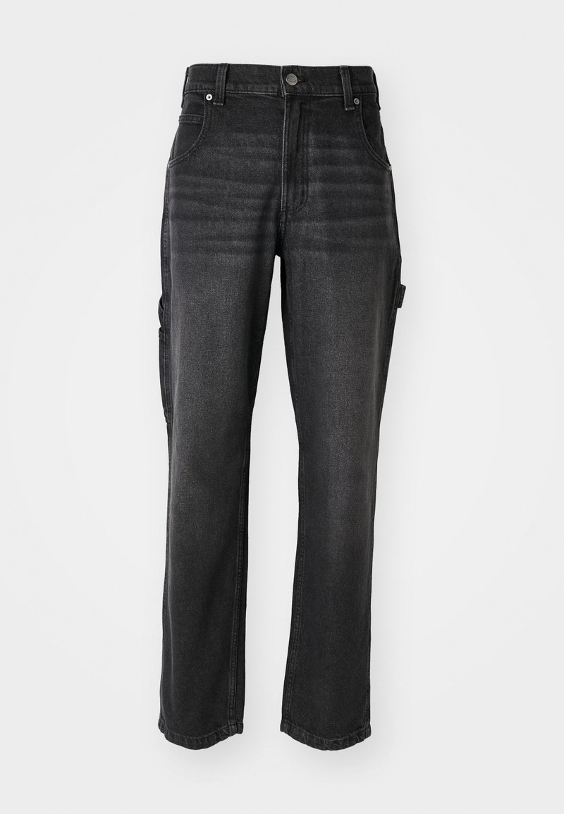 Zwarte denim cargobroek met rechte pijpen, voorzien van zijzakken, een metalen knoopsluiting en ton-sur-ton stiksels. Gelaagd stof.