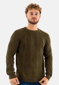 Maglione a maglia verde oliva con una texture a costine, caratterizzato da un motivo a trecce, scollatura a girocollo e polsini aderenti.