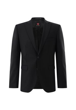 Black men's single-breasted suit jacket with notch lapels, two buttons, flap pockets, and a chest welt pocket, displayed on a white background.