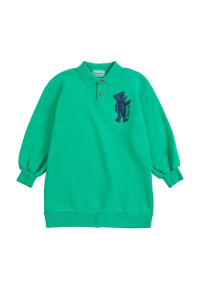 Polo vert à manches longues avec deux boutons et un petit motif ours marine sur la poitrine gauche.