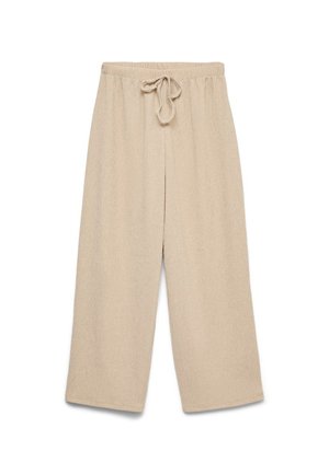 Μπεζ παντελόνι φαρδιάς γραμμής με ελαστική μέση και λεπτομέρεια δέσιμου μπροστά, κατασκευασμένο από υφασμάτινη υφή.