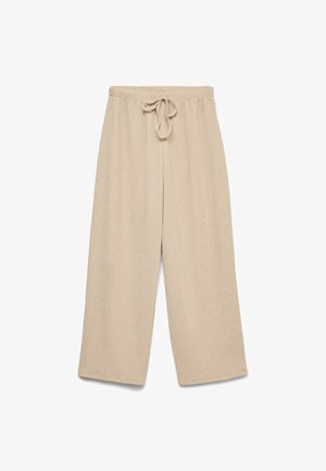 Μπεζ παντελόνι φαρδιάς γραμμής με ελαστική μέση και λεπτομέρεια δέσιμου μπροστά, κατασκευασμένο από υφασμάτινη υφή.