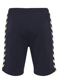 Navy shorts gjorda av ett mjukt material, med en elastisk midja och svart-beige randiga detaljer längs sidorna.