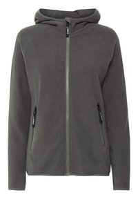 Szara bluza polarowa z pełnym zamkiem błyskawicznym, regulowanym kapturem i dwoma bocznymi kieszeniami na zamek. Posiada rękawy raglanowe i gładką teksturę.