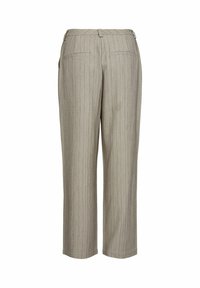 Pantaloni beige a righe sottili con una vestibilità dritta, caratterizzati da due tasche posteriori e una vita senza chiusura visibile. Il colore presenta una texture sottile.
