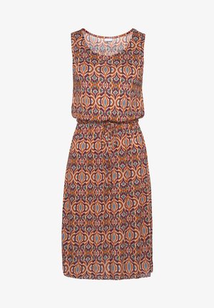 Ärmelloses Kleid mit einem mehrfarbigen geometrischen Muster in den Farbtönen Orange, Lila, Petrol und Creme, mit einem verstellbaren Taillengürtel.