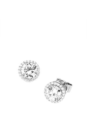 Runde Ohrstecker mit klaren Mittelsteinen, umgeben von kleineren Kristallen, in poliertem Silbermetall gefasst.