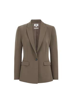 Bruine op maat gemaakte blazer met een enkele knoop, met gesneden revers en twee vo pockets. Gemaakt van een gladde stof met een gestructureerde pasvorm.
