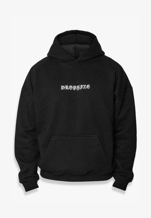 Felpa nera con cappuccio realizzata in fleece, dotata di tasca a marsupio frontale e testo bianco "DROPSIZE" sul petto. Maniche con polsini a costine.