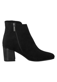 Bottine en suede noire avec fermeture éclair sur le côté et talon bloc texturé, présentant un embout légèrement pointu et un design de tige lisse.