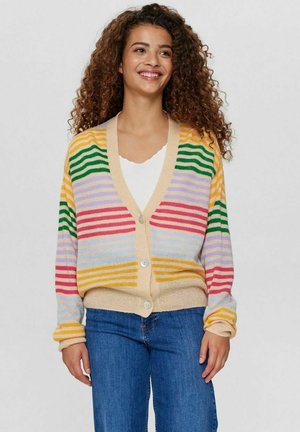 Cardigan rayé multicolore en tissu doux, avec des bandes violettes, jaunes, vertes et rouges, doté d'un décolleté en V et d'une fermeture à boutons sur le devant.