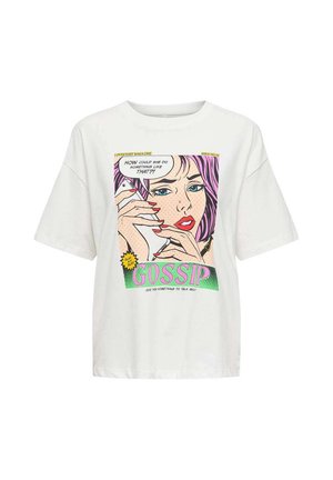 T-shirt en coton blanc avec un graphique coloré de style bande dessinée représentant une femme aux cheveux roses, une bulle de texte, et le mot "GOSSIP" en lettres gras.