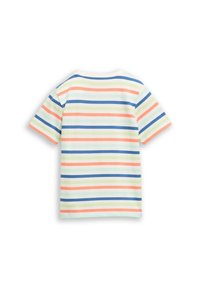 Kurzärmeliges T-Shirt aus weicher Baumwolle mit horizontalen Streifen in Pastellfarben: Pink, Blau, Grün und Weiß. Einfache Rundhalsausschnittgestaltung.