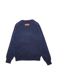 Felpa lavorata a maglia blu navy con collo a giro, polsini e vita a costine. Presenta una patch in pelle marrone con il logo sul retro.