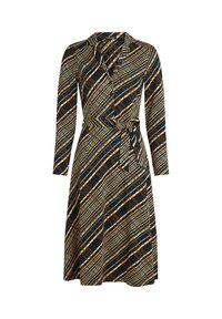 Kragklänning med långa ärmar, prydd med ett flerfärgat geometriskt mönster på mörk bakgrund och en knytning i midjan. Slät tygtextur.