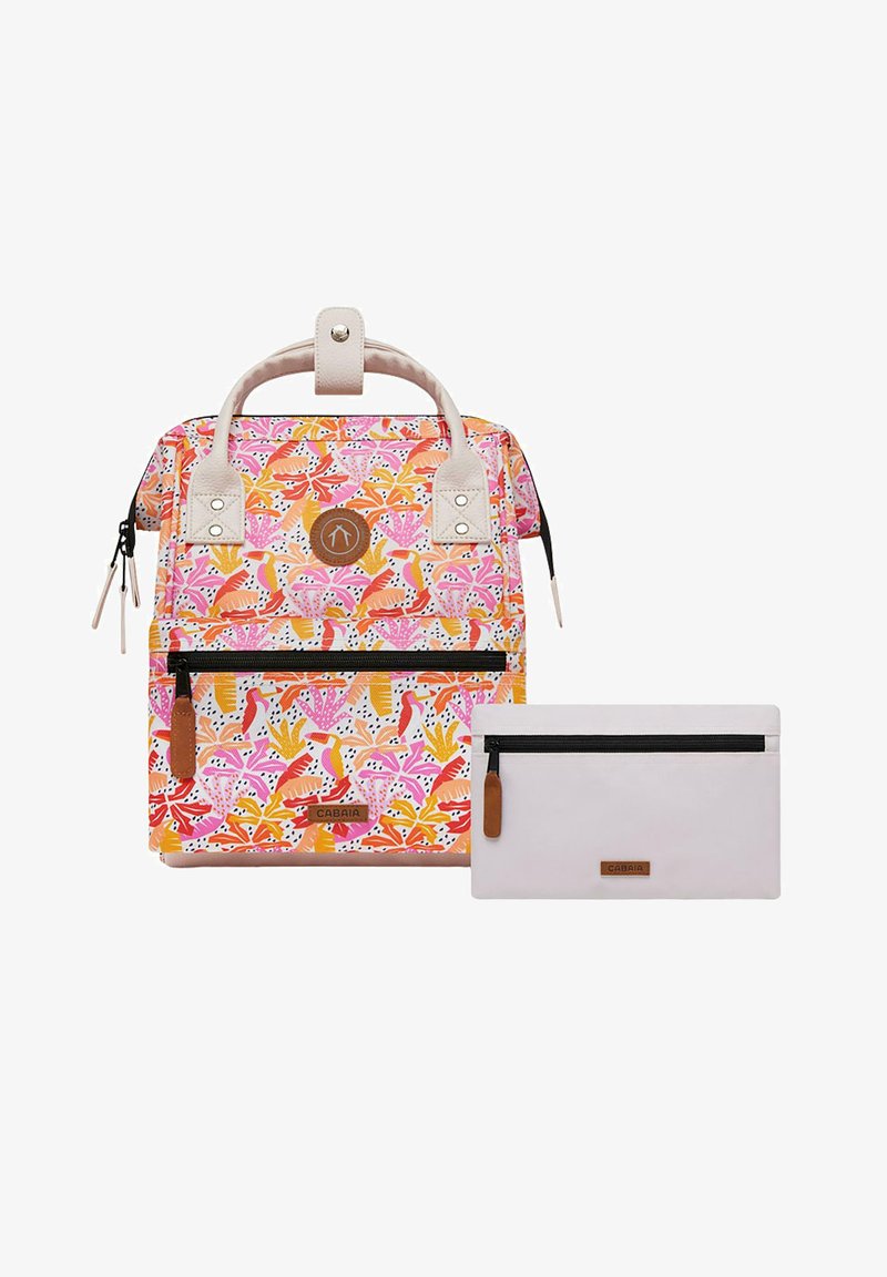 Colorful backpack with floral patterns in pink, orange, and green. Features two handles, a front zipper pocket, and a detachable pouch.