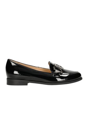 Black patent leather loafers with a low heel, featuring a decorative metallic buckle on the front and smooth texture throughout.