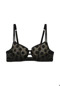 Reggiseno in pizzo nero con grandi pois neri, spalline regolabili, coppe con ferretto e bordi scallop.