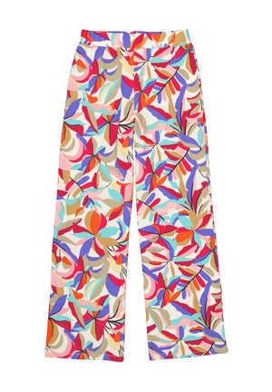 Weite Hose aus leichtem Stoff mit einem mehrfarbigen Blumenmuster in Rot, Pink, Lila und Beige. Flacher Bund.