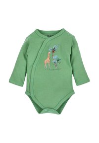 Groene baby-bodysuit met lange mouwen, vooraan voorzien van drukknoopjes en een print van een giraffe en een palmboom op de borst.