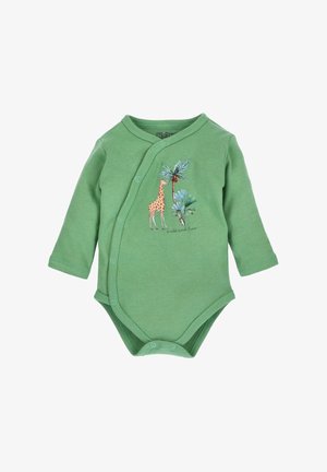 Body per neonati verde a maniche lunghe con bottoni a pressione anteriori e stampato un giraffa e una palma sul petto.