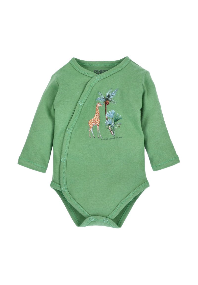 Groene baby-bodysuit met lange mouwen, vooraan voorzien van drukknoopjes en een print van een giraffe en een palmboom op de borst.