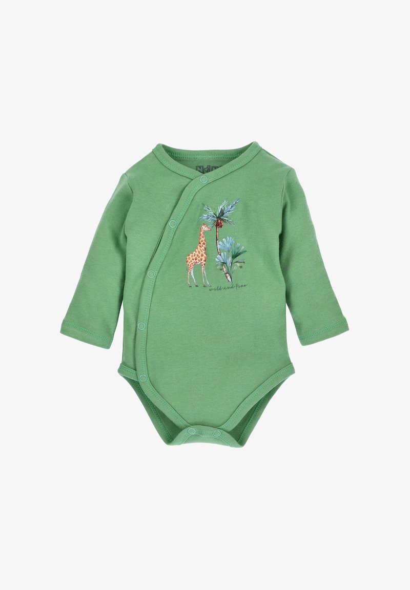 Bodysuit pour bébé à manches longues vert avec des boutons pression sur le devant et un imprimé de girafe et de palmier sur la poitrine.