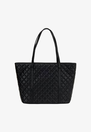 Sort quiltet tote bag med dobbelthåndtag, der har et tekstureret diamantmønster, struktureret form og glat syntetisk materiale.