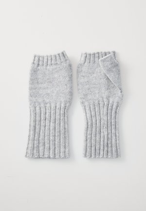 Gants sans doigts en tricot gris avec des poignets côtelés, présentant une texture douce et un design sans couture pour un ajustement confortable.