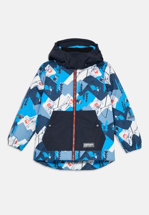 Jachetă colorată pentru copii, cu un design alb și albastru de munte, ornamente cu animale. Are o buzunar negru, manșete elastice și glugă.
