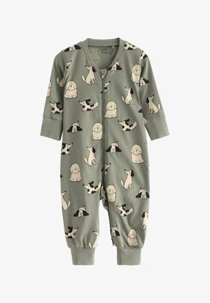 Groene stoffen overall met verschillende cartoonhondontwerpen, lange mouwen, ritssluiting en elastische manchetten. Zacht, ademend materiaal.