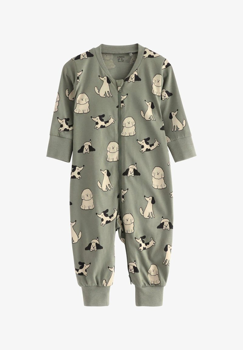 Grüner Stoff-Overall mit verschiedenen Cartoon-Hundedesigns, langen Ärmeln, Reißverschluss und elastischen Bündchen. Weiches, atmungsaktives Material.