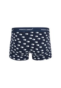 Granatowe bokserki w białe kropki, z wygodnym paskiem w talii oznaczonym "PAKO LOREN", wykonane z miękkiego, elastycznego materiału.