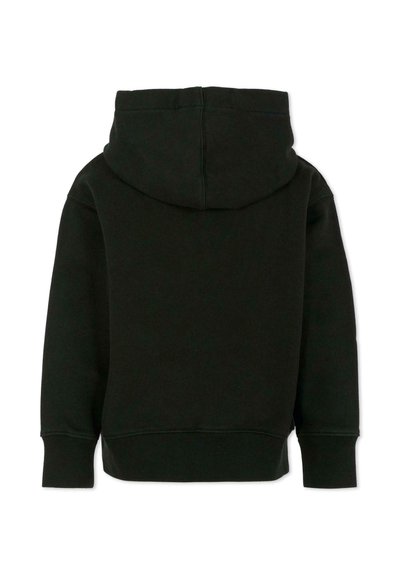 Felpa nera con cappuccio vista da dietro, con maniche lunghe e polsini e orlo a coste.