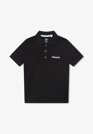 Czarna koszulka polo z bawełny z trzyprzyciskowym plisowaniem, krótkimi rękawami i białym haftowanym logo Timberland na piersi.