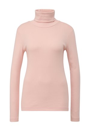 Světle růžové tričko s dlouhým rukávem a rolákem, úzkého střihu s hladkou texturou, zobrazené na čistě bílém pozadí.