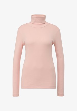 Camiseta de manga larga color rosa claro con cuello alto, de ajuste ceñido y textura suave, mostrada sobre un fondo blanco liso.