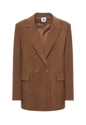 Blazer in velluto a coste marrone con design doppiopetto, rever a punta, due tasche frontali e bottoni grigi. Interno foderato.