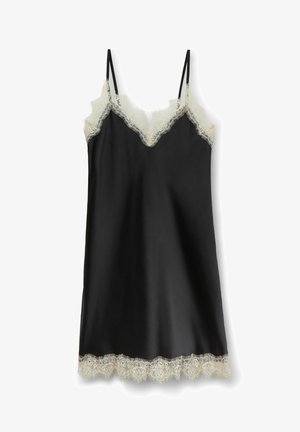 Černý saténový top na ramínka s tenkými popruhy, zdobený slonovinovou krajkou kolem výstřihu a lemů, který poskytuje hladký a jemný pocit.