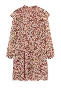 Abito floreale con scollatura rotonda e maniche lunghe. Presenta un motivo floreale rosa e bianco su uno sfondo chiaro, tessuto morbido, dettagli arricciati sulle spalle.