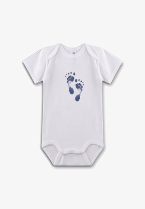White cotton onesie with short sleeves, featuring navy blue footprints printed on the front. Snap closure at the bottom for easy changing.