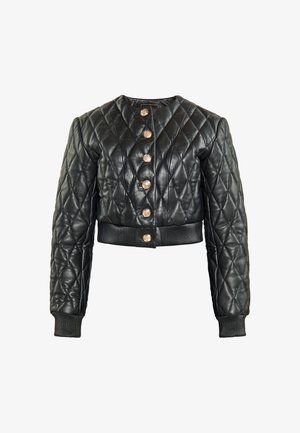 Schwarze gestepptes Leder-Cropped-Jacke mit langen Ärmeln, Rundhalsausschnitt und goldenen Knopfverschlüssen. Rippbündchen und Taillenbunddetails.