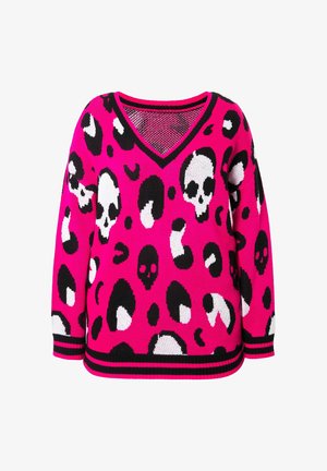 Rosa Pullover mit V-Ausschnitt und schwarzem gestreiften Saum, verziert mit weißen und schwarzen Schädel- sowie Leopardenmuster. Weiche Stricktextur.