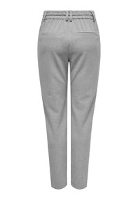 Graue Hose mit glatter Textur, elastischem Bund mit Gürteldesign und zwei Gesäßtaschen. Schmal geschnittene Beinform, lässiger Stil.