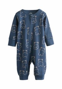 Body neonato blu navy con un sottile motivo a coste e divertenti disegni di orsetti marrone chiaro. Chiusura con zip che scende lungo la parte anteriore.