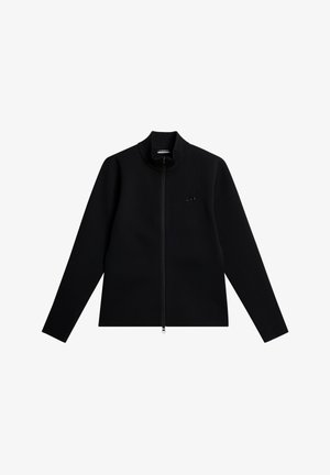 Czarna kurtka z zamkiem na całej długości i wysokim kołnierzem, wykonana z teksturowanej tkaniny. Posiada długie rękawy oraz subtelne logo na lewej stronie klatki piersiowej.