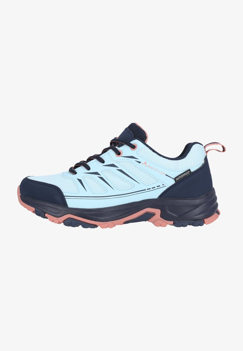 Ljusblå och marinblå vattentålig vandringsko med strukturerad meshovandel, kontrasterande rosa accenter och slittålig sula för bra grepp.