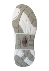 Schoenen zool met een gestructureerd grijs en wit rubberen ontwerp, met een gesegmenteerd patroon voor grip en een rood ovaal logo in het midden.