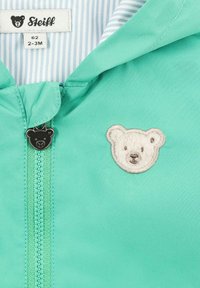 Tyrkysová bunda s kapucí, zdobená výšivkou medvědí tváře a zipem ve tvaru medvěda. Podšita pruhovaným materiálem. Velikost 2-3M.