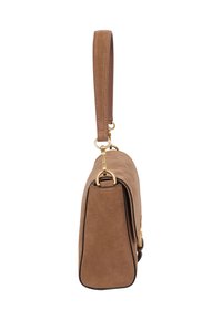 Brown suede handbag with a smooth texture, gold hardware accents, and a single top handle. Features a structured, rectangular shape.